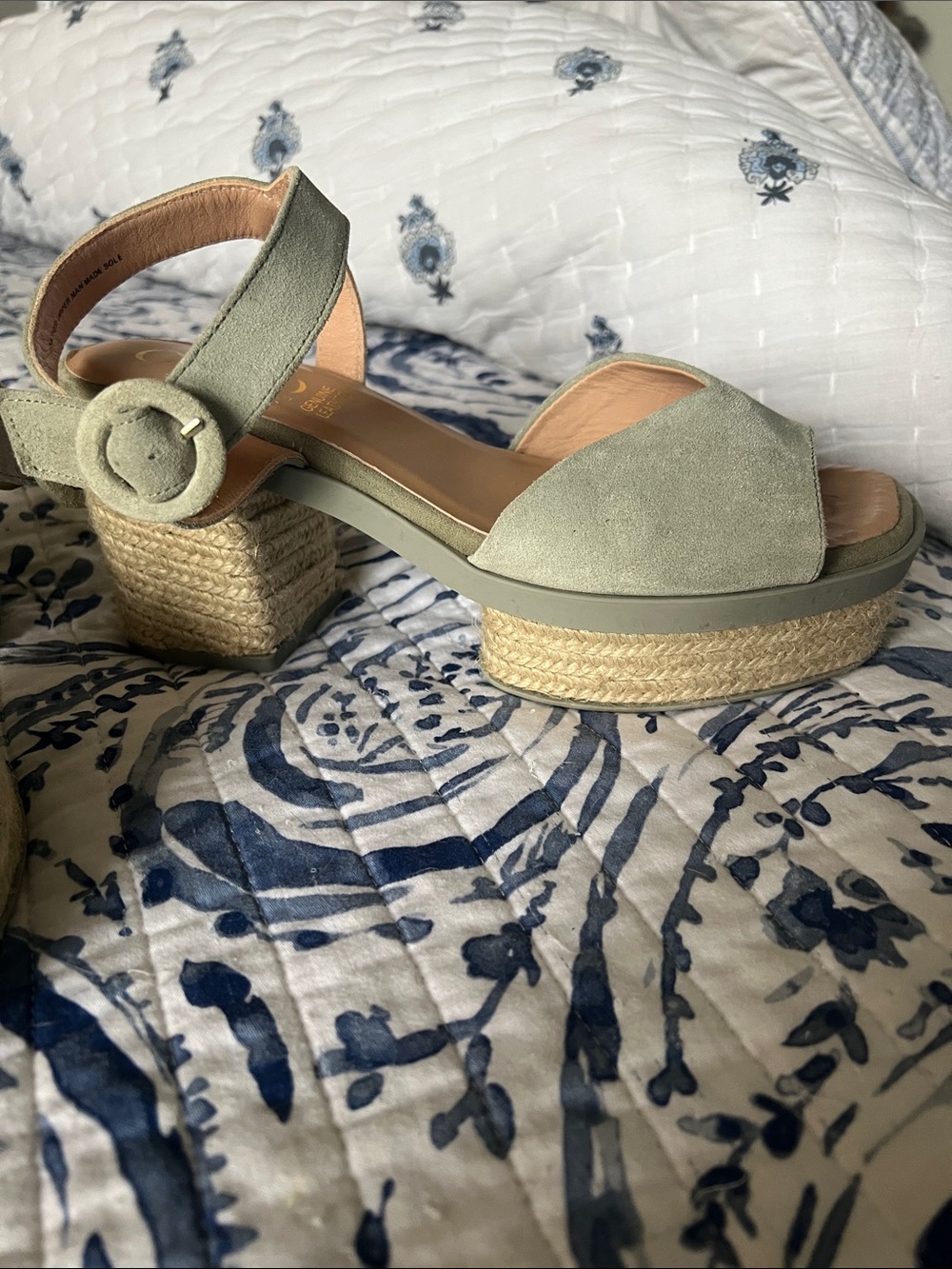 Genuine Leather Suede Ankle-Strap Sandals — Sage Green